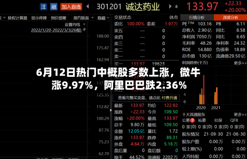 6月12日热门中概股多数上涨	，微牛涨9.97%，阿里巴巴跌2.36%-第2张图片