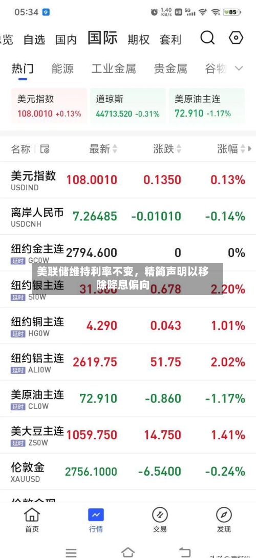 美联储维持利率不变，精简声明以移除降息偏向