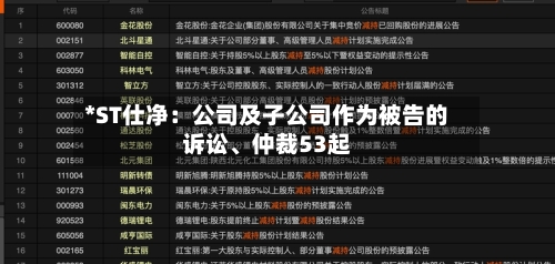 *ST仕净：公司及子公司作为被告的诉讼、仲裁53起