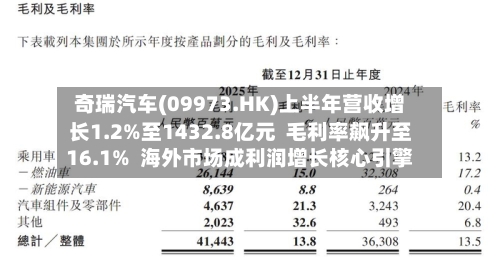 奇瑞汽车(09973.HK)上半年营收增长1.2%至1432.8亿元  毛利率飙升至16.1%  海外市场成利润增长核心引擎-第2张图片